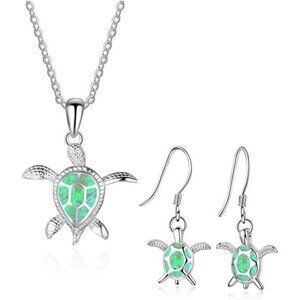 Turtle Necklace Earrings Set for Women Silver Opal Pendant Jewelry Fashion
